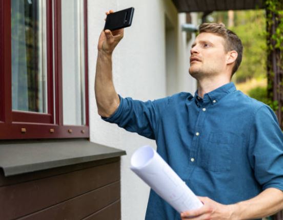 Home appraisal shown with an appraiser taking photos of a house exterior while reviewing property details