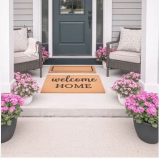 Front porch with welcome home mat and pink flowers – Cindy Burkhardt, Best Realtor for Expired Listings in Citrus County