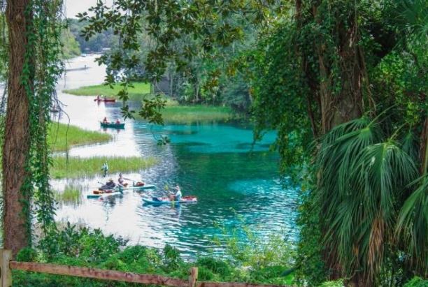 Aerial view of Rainbow Springs in Dunnellon FL with crystal-clear water and lush greenery surrounding the river
