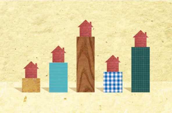 Illustration of changing home values represented by houses on rising bars, symbolizing Citrus County real estate pricing trends