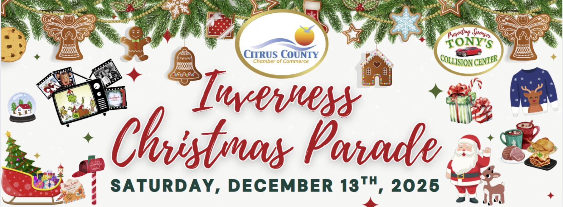 Inverness Christmas Parade banner featuring holiday decorations