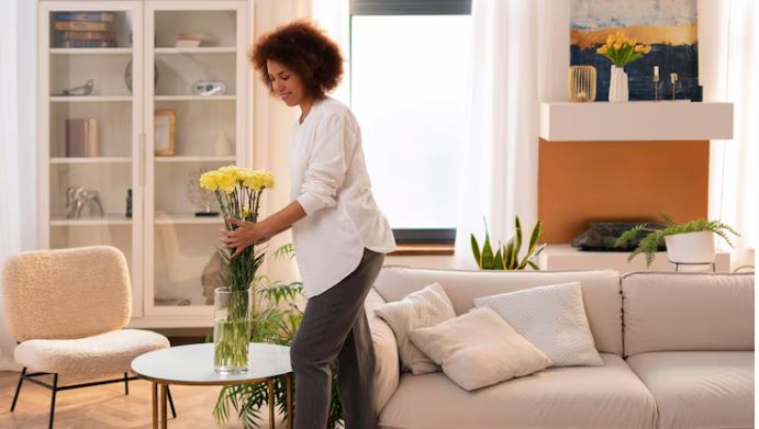 Homeowner arranging fresh flowers in a bright, staged living room before a Citrus County home showing.