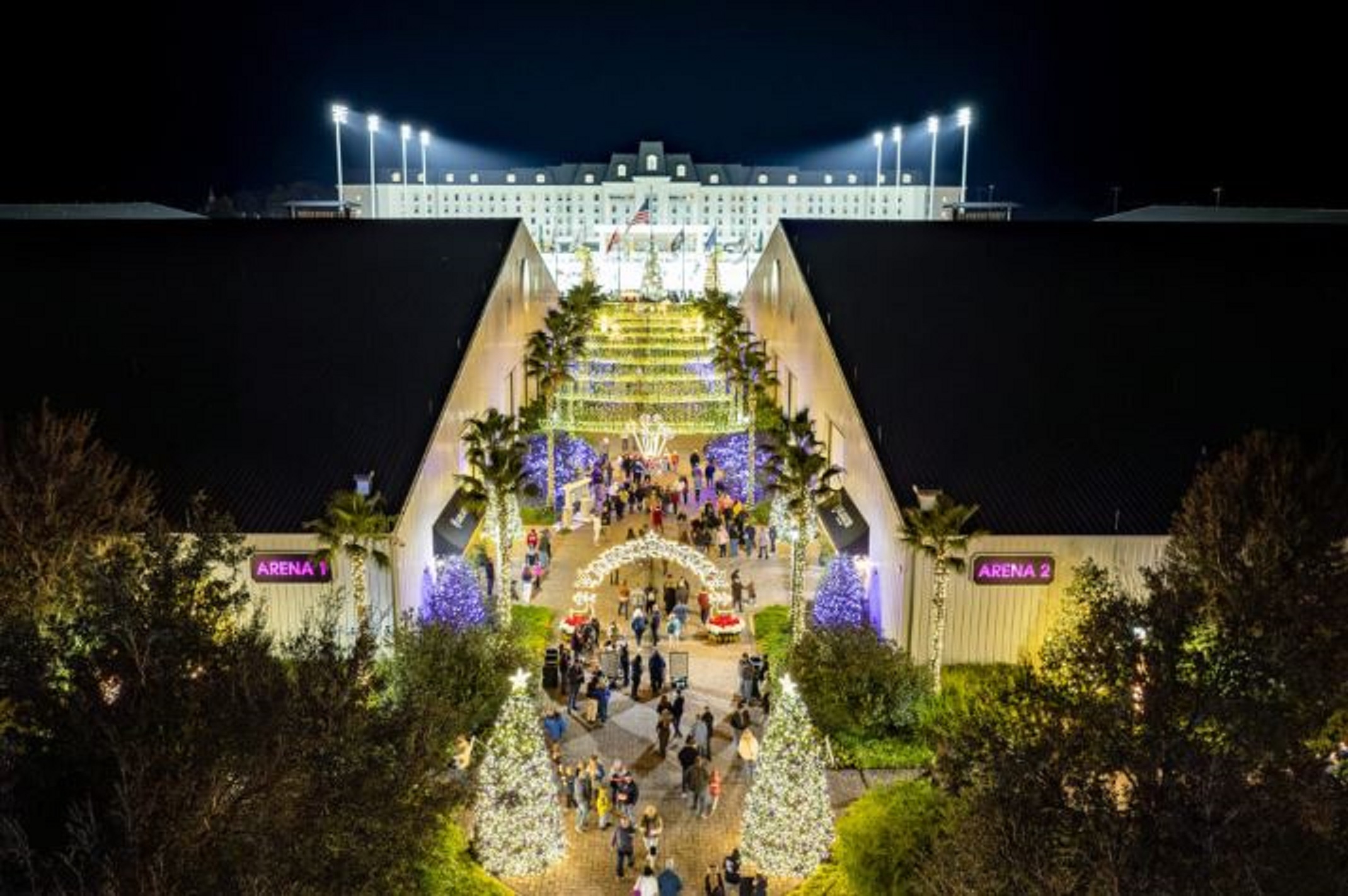 Aerial view of World Equestrian Center lit with Christmas lights