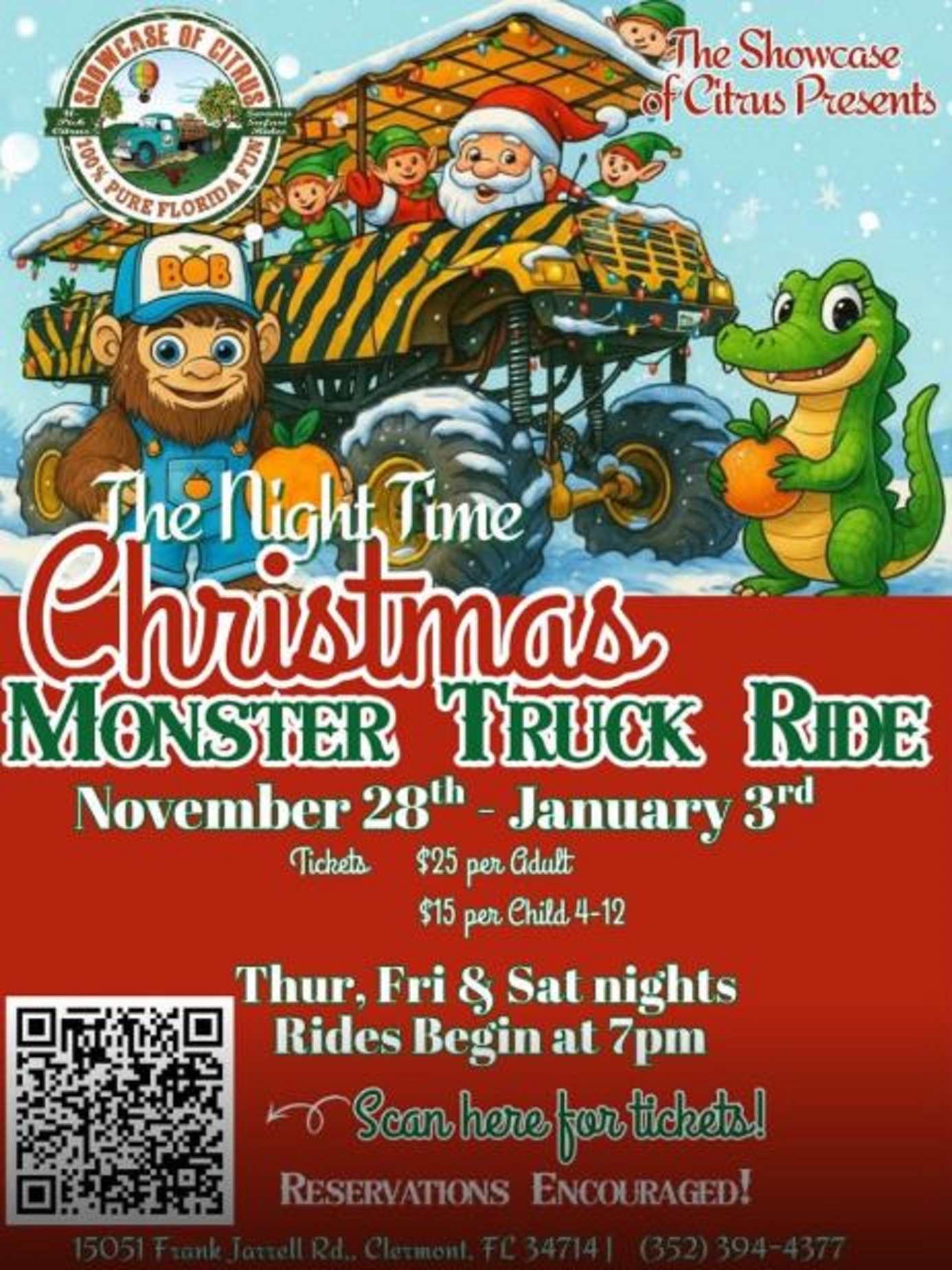 Cartoon holiday monster truck with Santa and festive characters