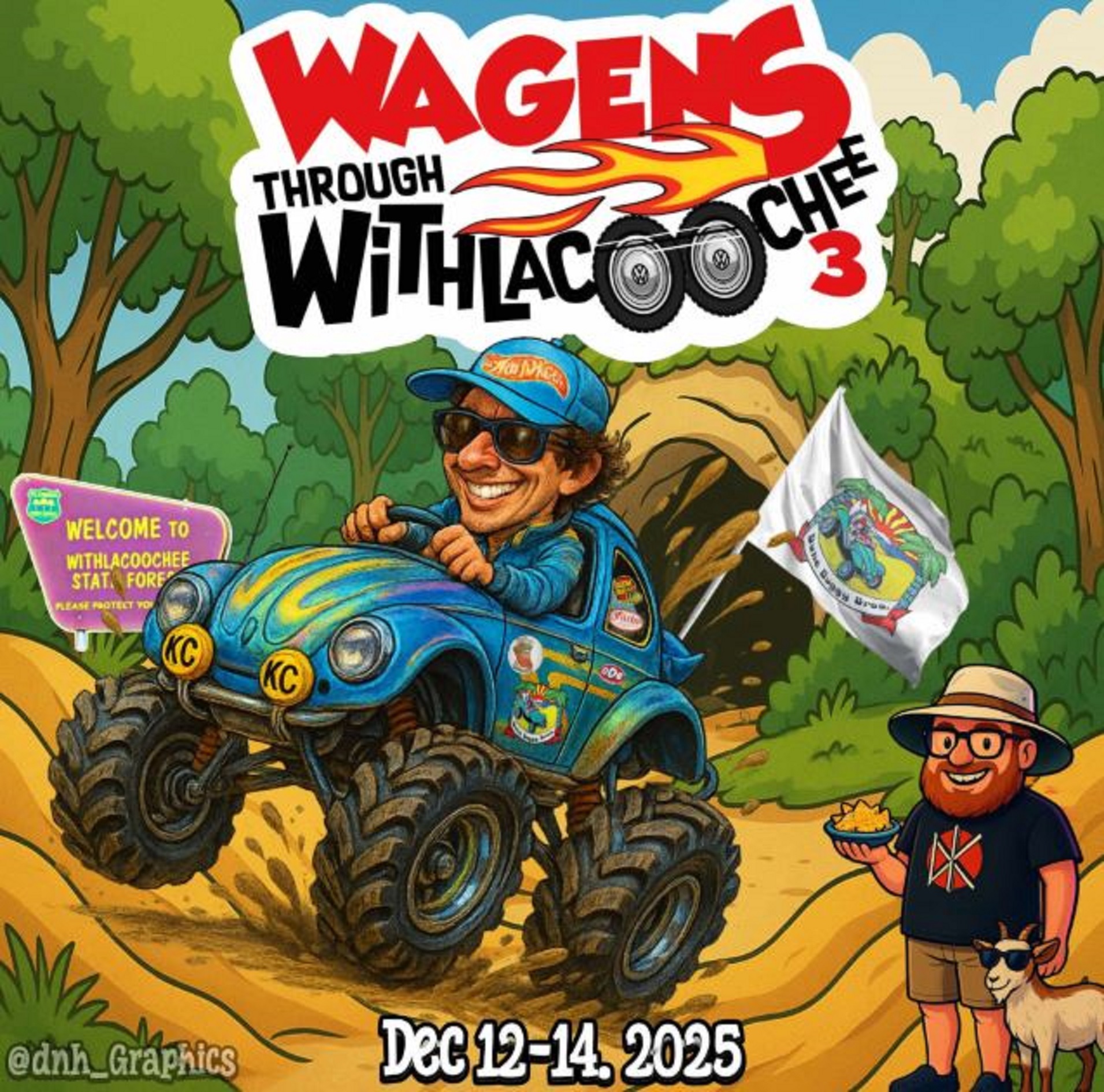 Cartoon VW dune buggy driving through Citrus County trails