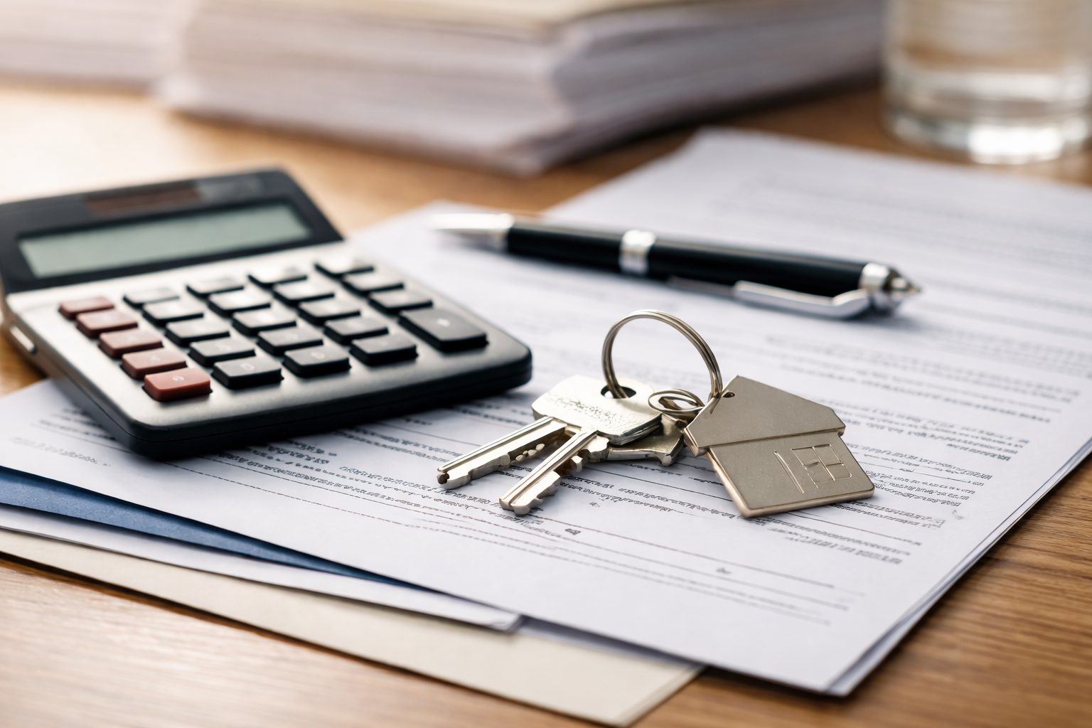 Real estate closing documents with house keys and calculator on table
